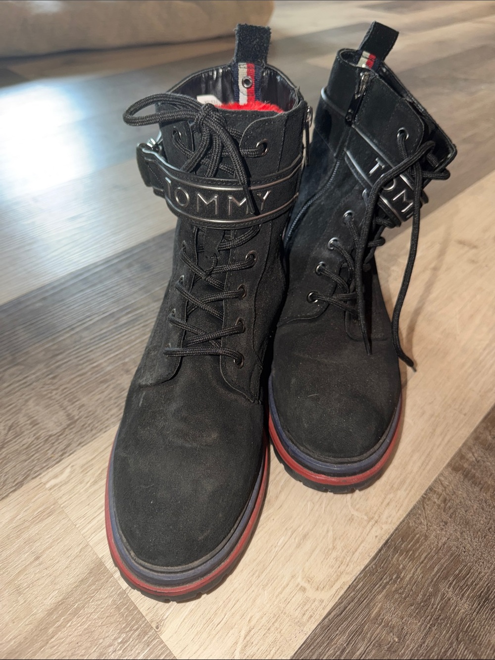 Tommy Hilfiger Black Suede Lace-Up Combat Boots with Red Trim